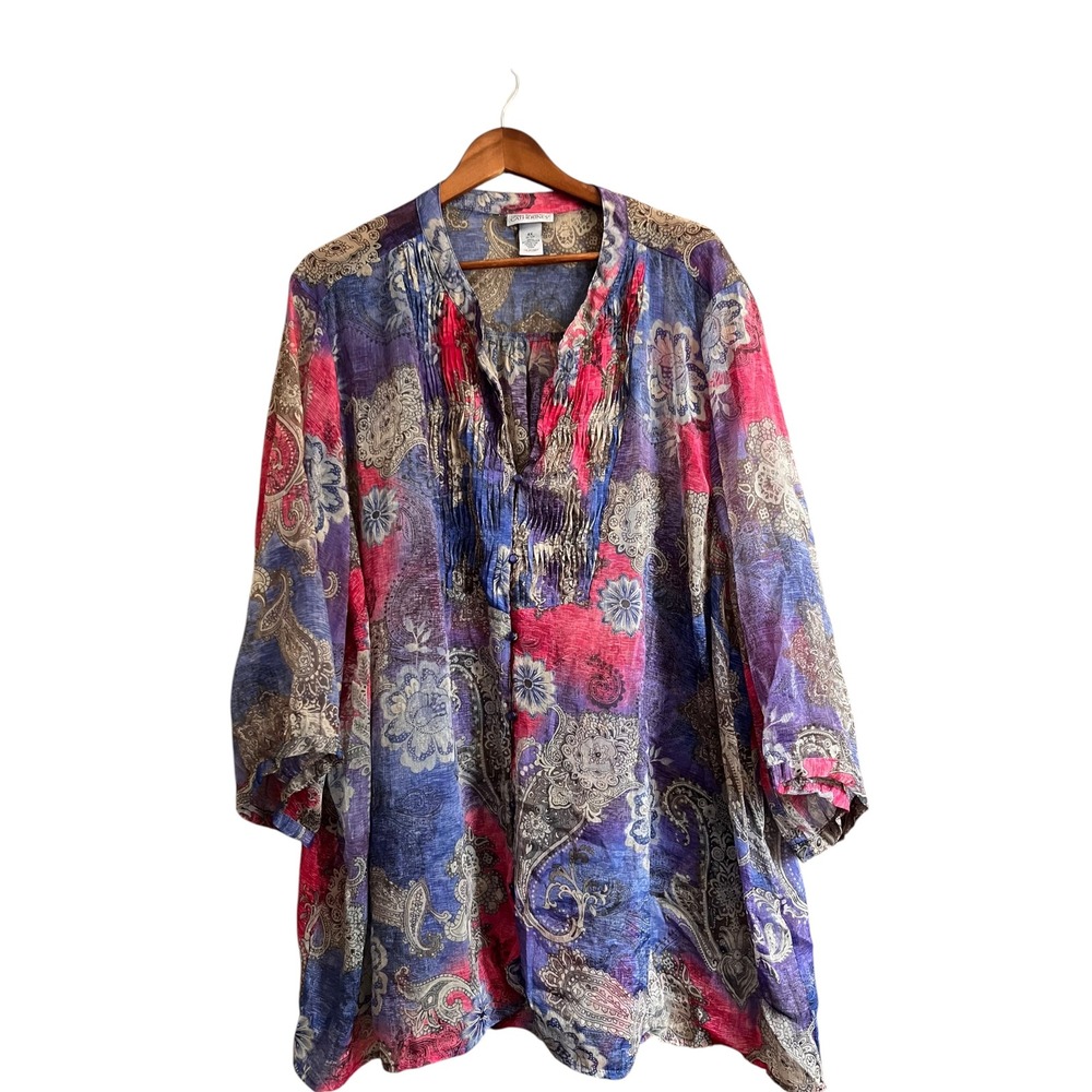 Catherines Tunic Top Women 4X Blue Pink Excellent Paisley Pintuck Bib Blouse